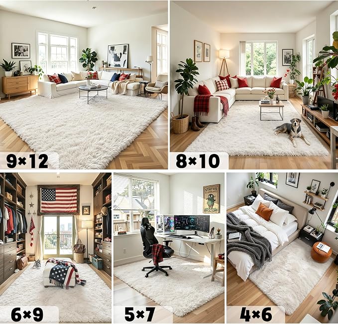 5x8 Cream Shag Area Rug for Living Room, Fluffy Plush Carpet | Non-Slip Large - Image 7