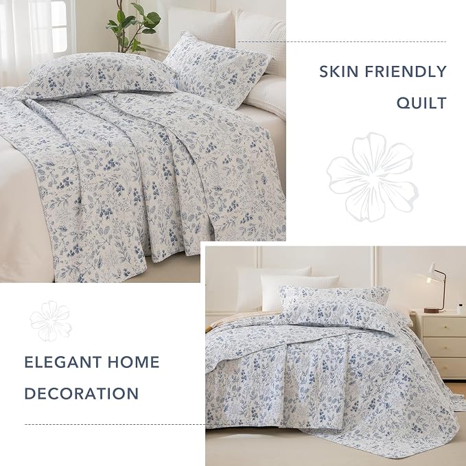 QSH 100% Cotton Floral Quilt Bedspread Oversized King Set-3Pcs Blue & White - Image 4
