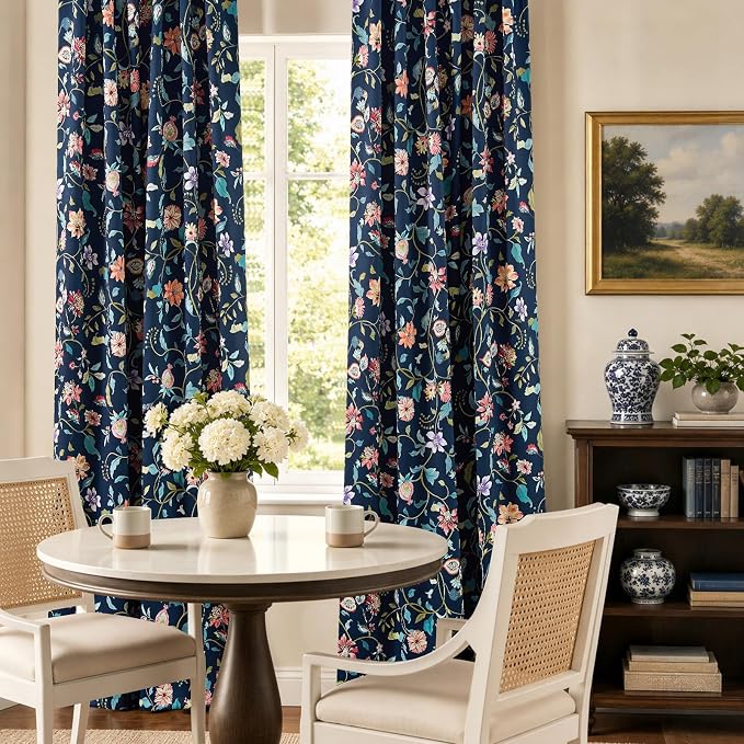 jinchan Dark Blue Floral Blackout Curtains 96 Inch Back Tab 2 Panels | Room - Image 5