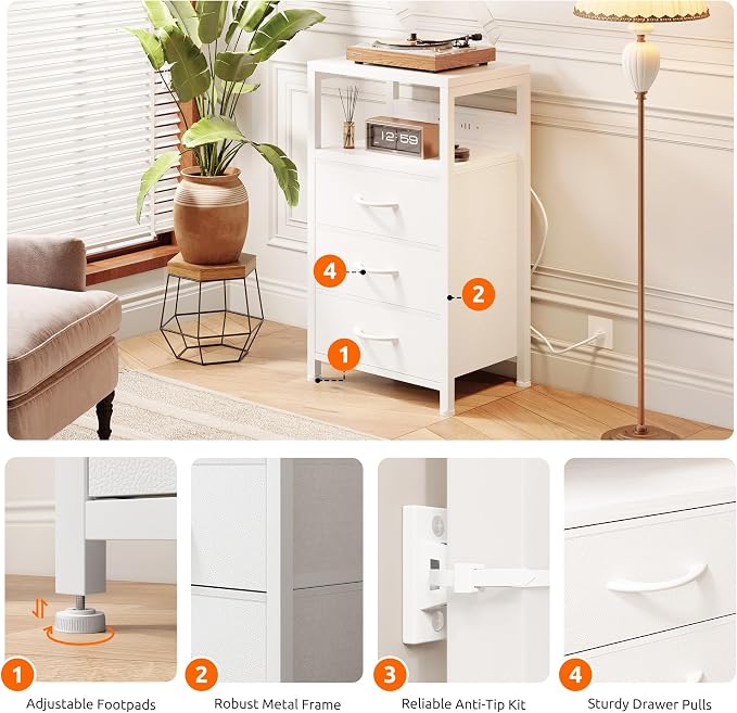 Lazzanto Night Stand with Charger Station, 3 Fabric Drawers, Bedside Table - Image 6