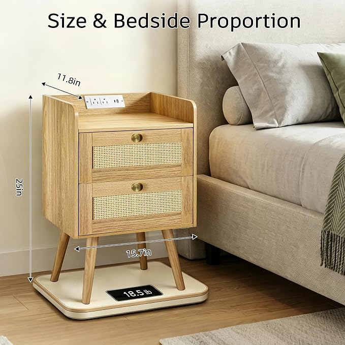 Rattan Nightstands Set of 2, Boho Bedside Table - Image 3