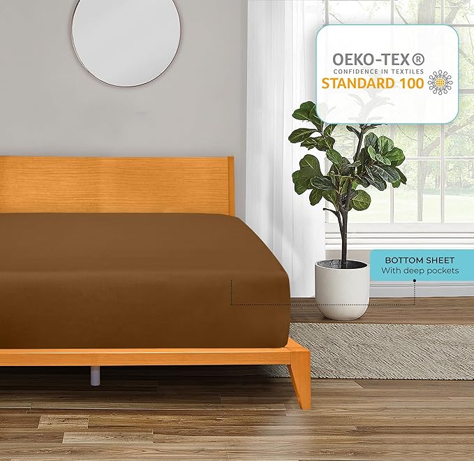 ROYALE LINENS 300 Thread Count 100% Long Staple Combed Cotton Fitted Sheet California King - Super Soft Deep Pocket Bottom Sheet - Fitted Sheets Only - Elastic Sheets (Cal King, Chocolate)