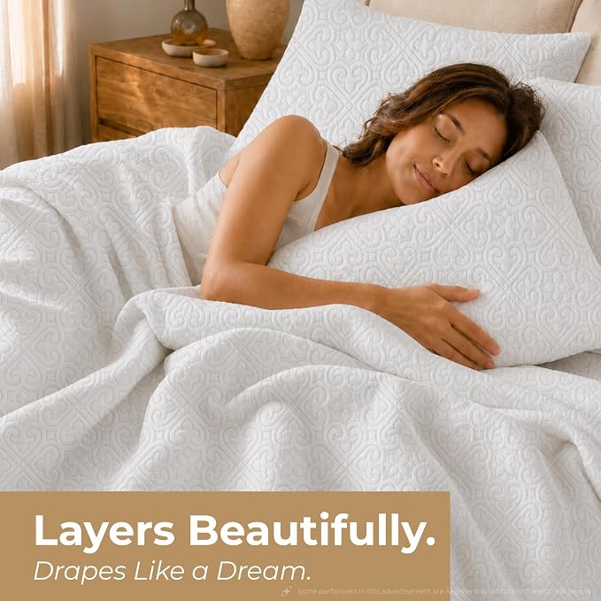 HLC.ME Lorenzo - 3 Piece Bedspread King Size Beige Quilt Bedding Set, - Image 2