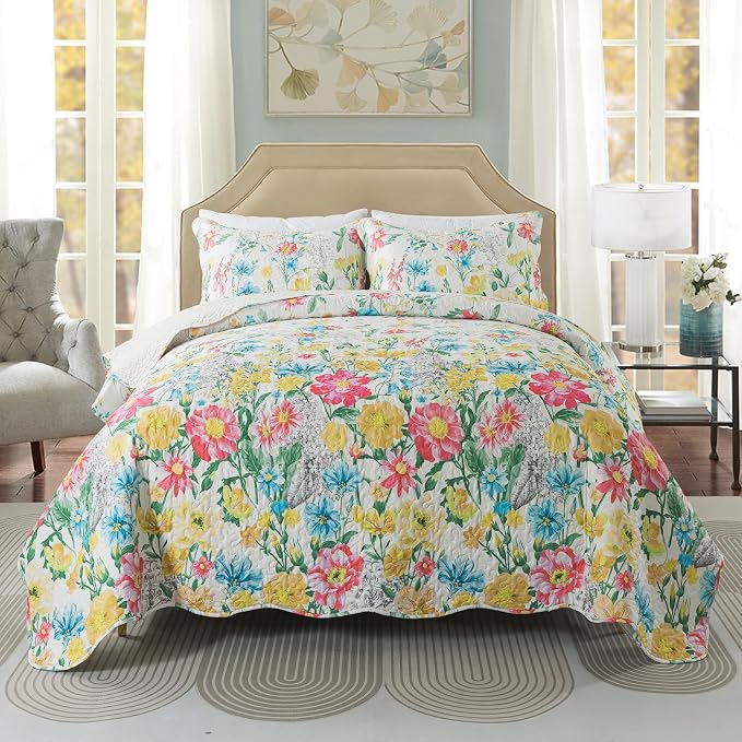 Floral Quilt Queen Quilt Set, Ultra Soft Reversible Microfiber Queen Quilt - Image 4