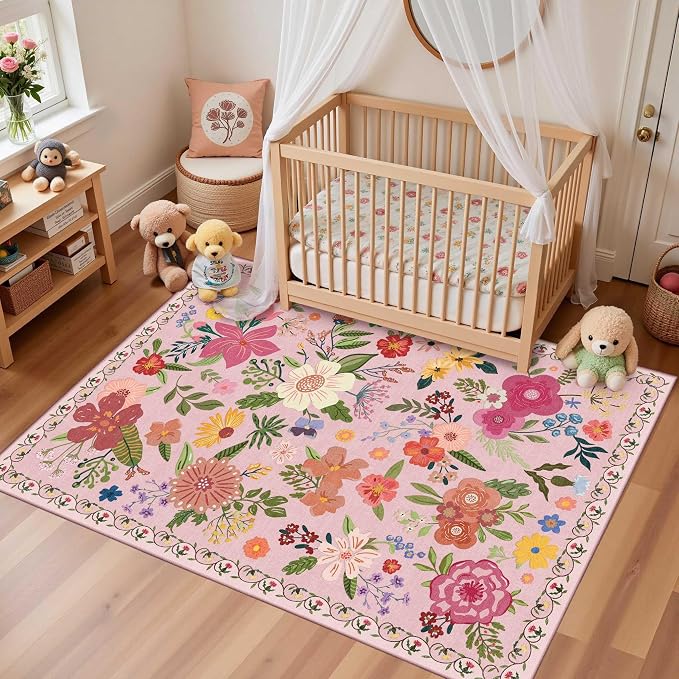 Latte&Fog 3x5 Entryway Area Rugs, Washable Floral Pink Rugs by LatteFog