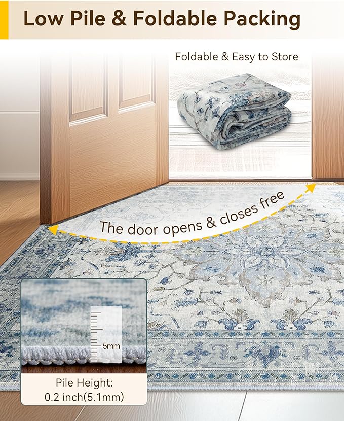 Area Rugs 2'x7' Washable Non-Slip, Floral Vintage Distress Print Pattern Medallion Carpet for Living Room Bedroom Dining Room, Light Blue Navy Beige Gray White