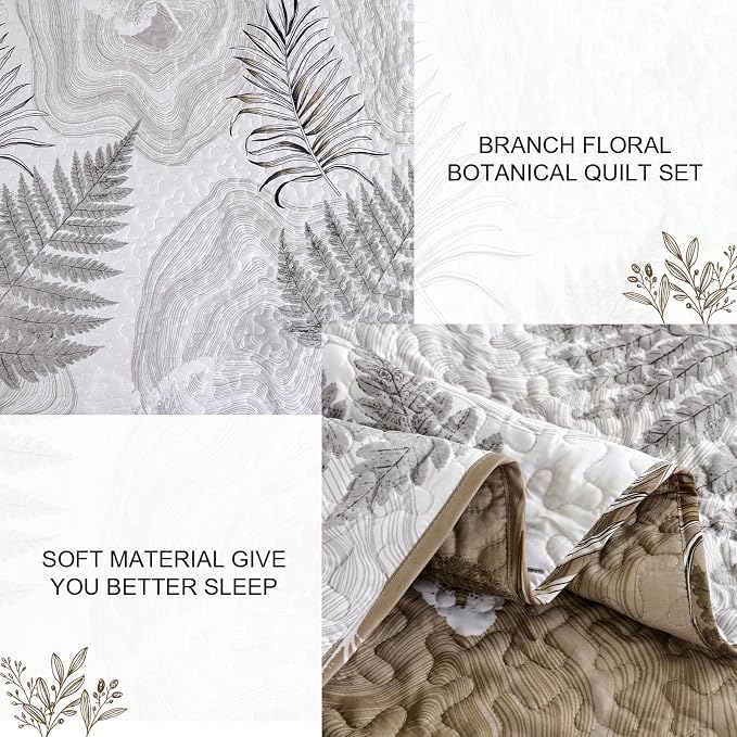 DJY Queen Size Brown Quilt Set, 3 Piece Reversible Leaves Bedding Set | Soft - Image 4