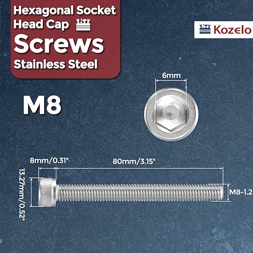 Kozelo 5pcs Socket Head Cap Screws - [M8-1.25 x 80mm] 304 Stainless Steel Allen Socket Drive for Electrical Motor 3D Printing Fan Engine Replacement Use, Silver