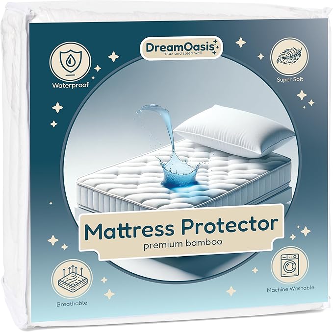 DreamOasis Waterproof Mattress Protector King Size - Premium Bamboo Viscose, Super Soft, Breathable, Machine Washable, Noiseless Bed Mattress Cover - White