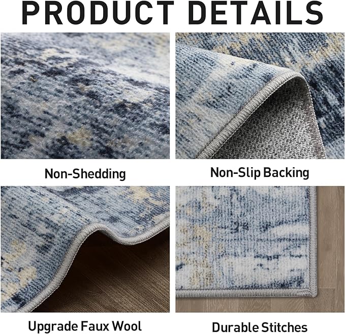 5x7 Area Rugs for Living Room: Washable Abstract Blue Gold Badroom Carpet | - Image 5