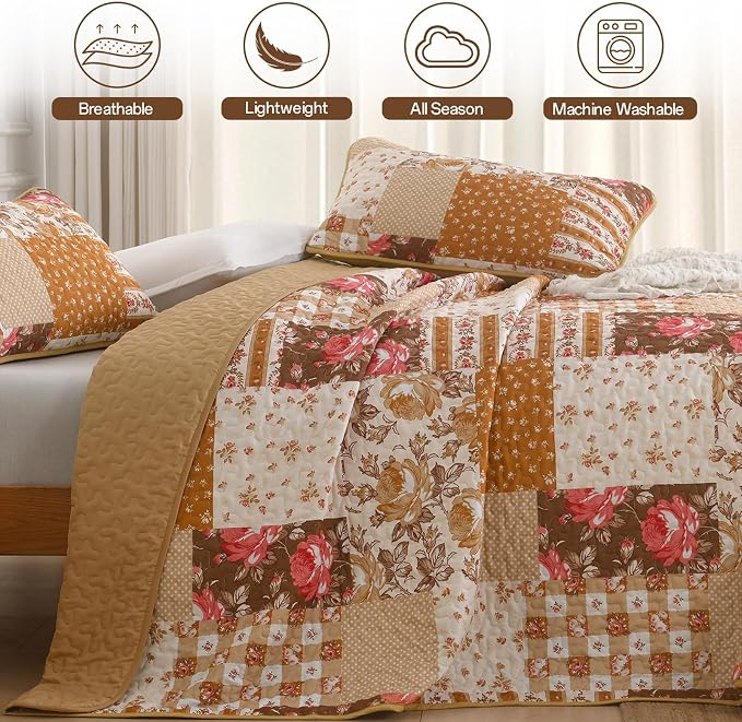 Floral Quilt Set Queen Size, 3 Pieces Patchwok Burnt Orange Brown Bedspread - Image 3