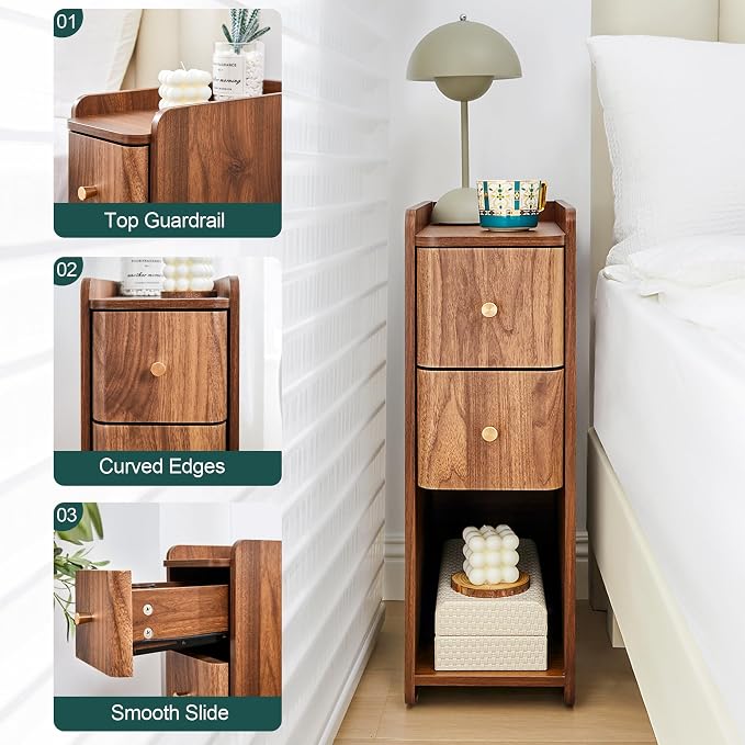 Narrow Nightstand Set of 2, Wooden Small 2 Drawer Nightstand, Slim Side End - Image 9