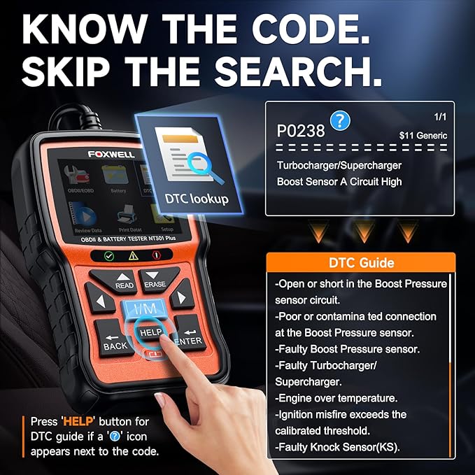 Upgraded of NT301, 2-in-1 FOXWELL NT301 Plus OBD2 Scanner Car Battery Tester, Professional Code Reader Check Engine Diagnostic Scanner Tool, 12V Automotive Cranking Charging Analyzer for 1996+ Vehicle