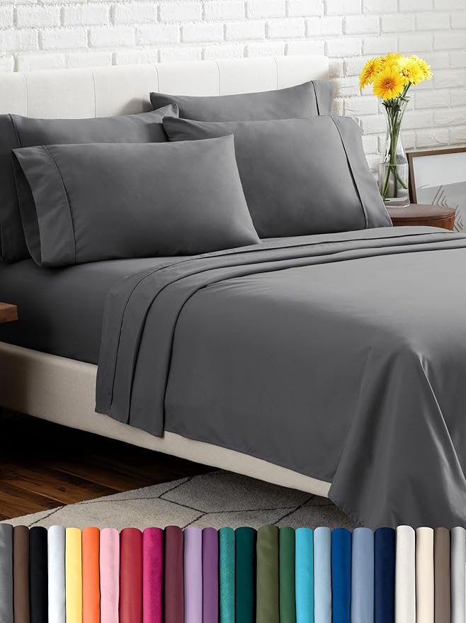 Bare Home Hotel Luxury Cal King Sheet Set, Extra Soft, 6 Piece Set, Deep Pockets, Easy Fit, Cooling & Breathable, Wrinkle, Fade, Stain Resistant, Includes 4 Pillowcases (California King, Grey)