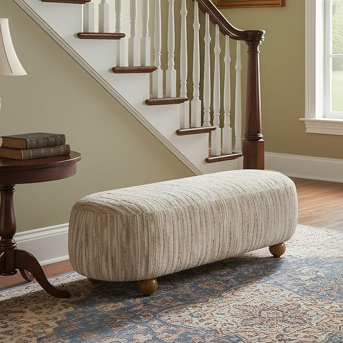 Hyfirm 54" Oatmeal Linen Upholstered Bench – Beige End of Bed Ottoman by Hyfirm