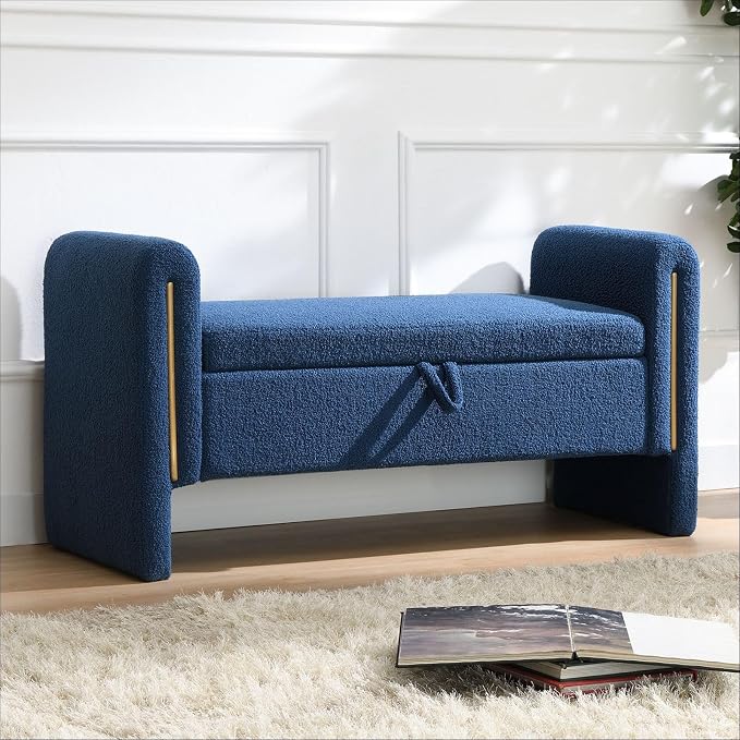 52" Upholstered Storage Bench, Wood Frame | Mid-century storage ottoman bench by CreateYourPerfectSpace