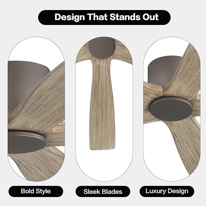 WINGBO 54" Flush Mount DC Ceiling Fans without Lights, 5 Carved Solid Wood Blades, 6-Speed Reversible DC Motor, Low Profile Hugger Ceiling Fan No Light for Living Room Bedroom Patio, Graphite and Gray
