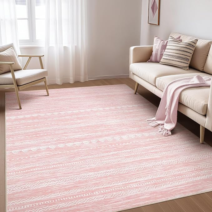 Nakagishi Boho 4x6 Pink Area Rug Living Room Rugs Machine Washable | Soft - Image 3