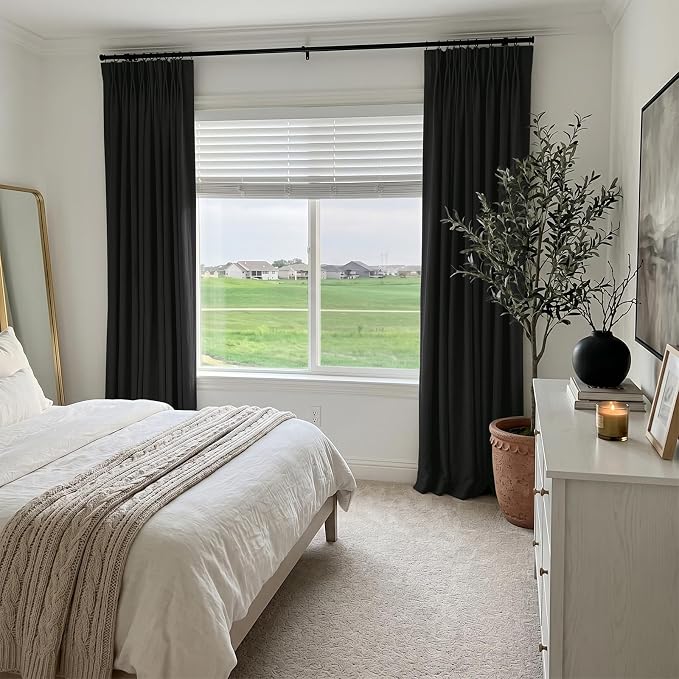 Pinch Pleated Full Blackout Faux Linen Curtains 108 Inches Long | Black - Image 5