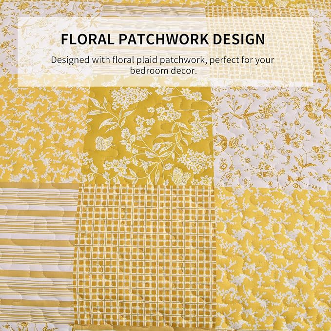 Mybedsoul Yellow Boho Quilt Set Queen Size, 3 Pieces Plaid Floral Bedspread - Image 7