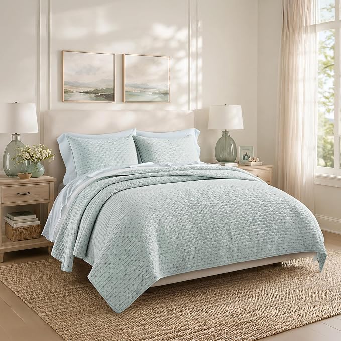 100% Cotton Cross Stitch 3-Piece Quilt Set, Seafoam Aqua | 100% Cotton - Image 6