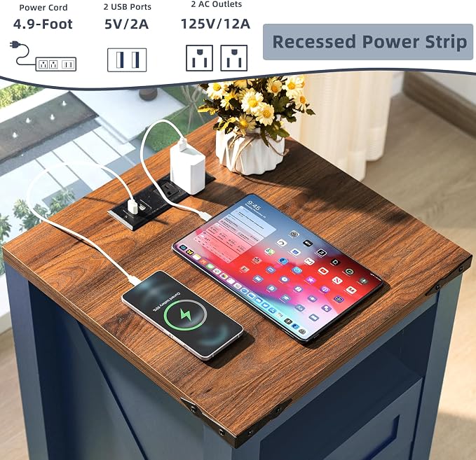 Joaxswe Nightstand with Charging Station, Farmhouse Night Stand with 2 Drawers - Image 4
