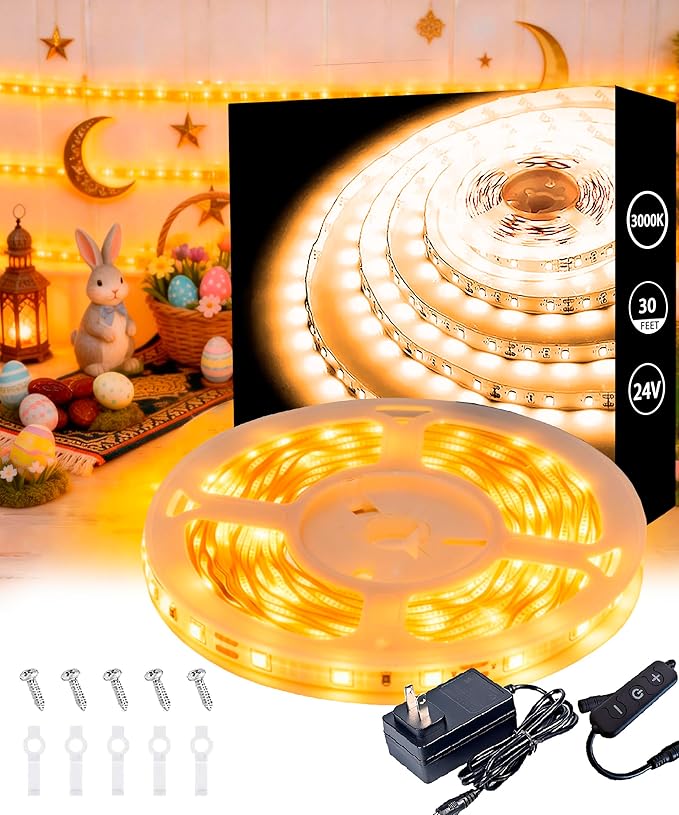 Aalnfe 30 FT Warm White Led Lights Strip Rope Lights for Easter Ramadan Eid Mubarak Decorations Housewarming Party Indoor Decor Cuttable Strip Lights for Baby Room Bedroom Living Room Ceiling Wall