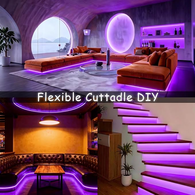 Aalnfe Purple Led Lights Strip Indoor Rope Lights Easy DIY Cuttable Strip Lights for Room Bathroom Living Room Kitchen Ceiling Wall Vanity Mirror Decor