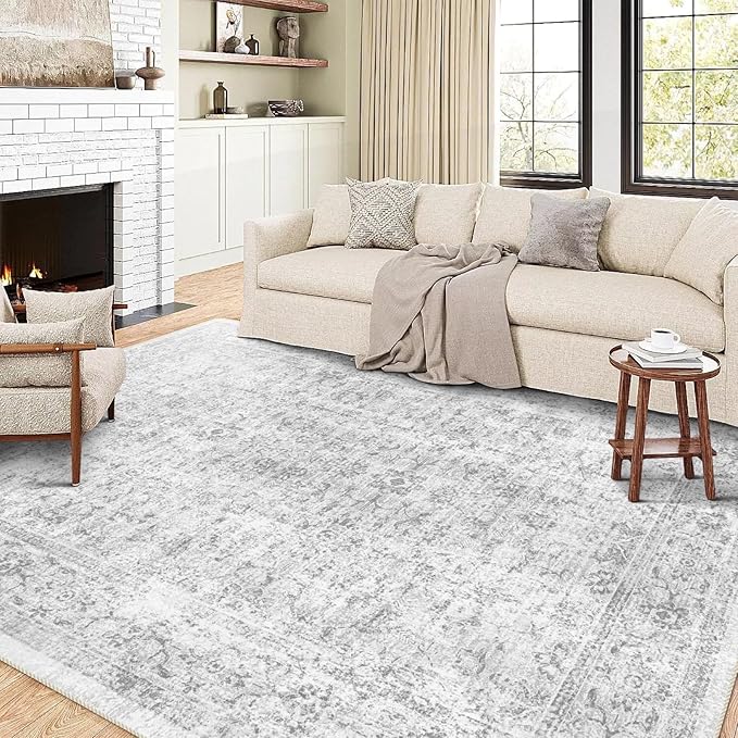 6x9 Area Rug, Ultra-Soft Washable Rug for Living Room, Dinner Room, Bedroom, Non-Slip Vintage Floral Rug, Indoor Carpet Large Area Rug, Grey