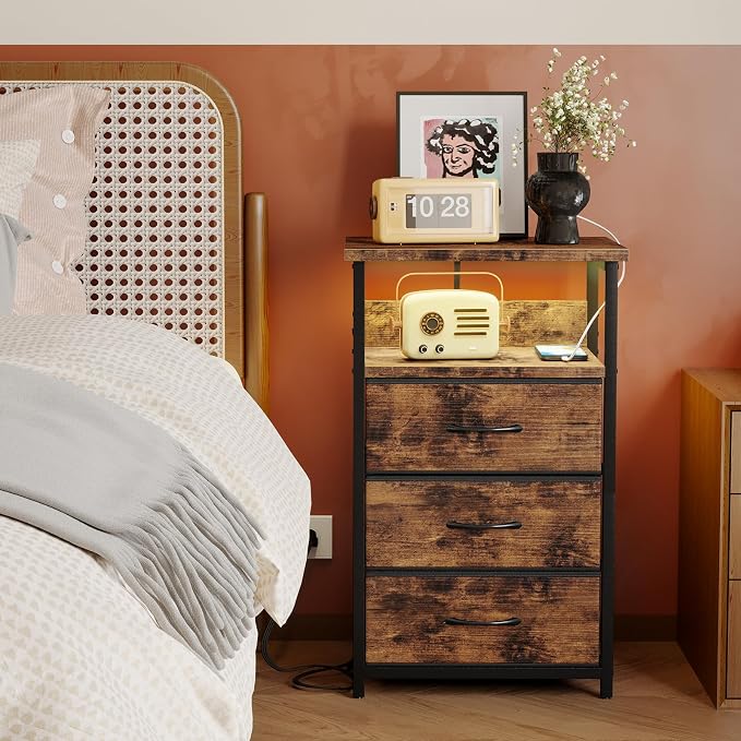 Fixwal Night Stand with 3 Fabric Drawers, Nightstand with Charging Station | - Image 8