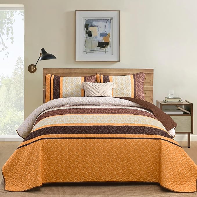 Dinjoy Boho Quilt Sets, Striped Bedspread Queen Size Bedding Sets, Coverlet Bed - Image 2