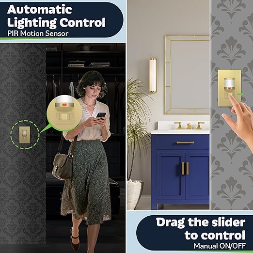 TOPGREENER Occupancy/Vacancy PIR Motion Sensor Light Switch, CDS Sensor with Learning Function, No Neutral Required, 200W Incandescent / 150W LED Load, UL Listed, Screwless Wall Plate, Gold