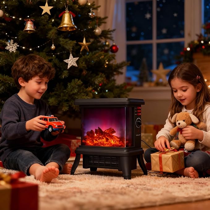 18 inch Panoramic Window with 1500W/1650W Electric Wood Fireplace Flame Effect, 4-in-1 Independent Indoor Space Heater. Full arc 3D Panoramic Flame Effect with 3S Fast Heating