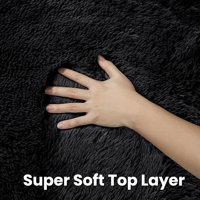 Black Round Fluffy Rug 5ft Plush Fuzzy Shaggy Carpet | Soft Rugs - Image 6