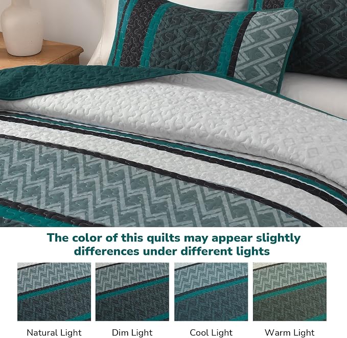 Dinjoy Quilts King Size, Striped Bedspread Bedding Sets, Dark Green | 3 Pieces - Image 8