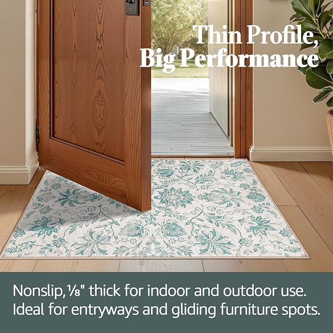 jinchan Torino Runner Rugs 2x5 Vintage-Inspired Floral Design Machine Washable Non-Slip Ultra-Thin Low Pile Rubber Backing Runner Rug for Kitchen Hallway Laundry Room Entryway