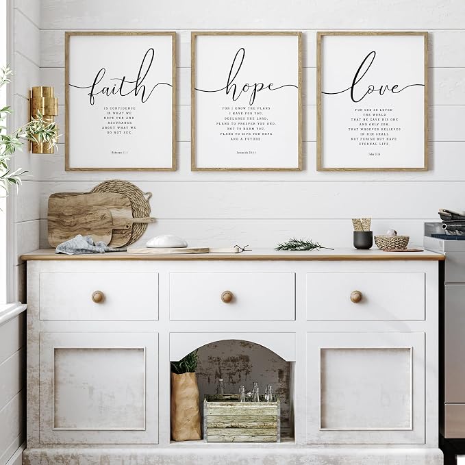 Houmury 3PCS Framed Faith Hope Love Bible Verses Wall Art Farmhouse Religious - Image 7