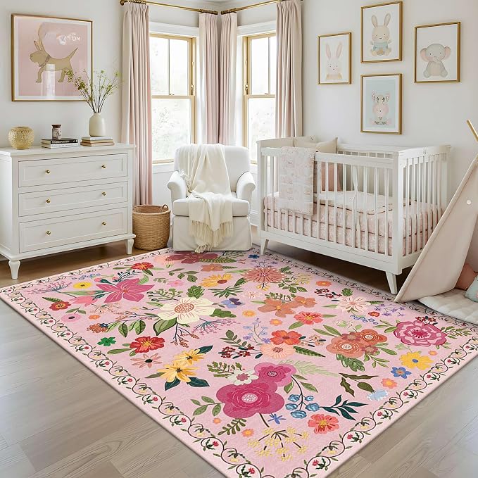 Latte&Fog Washable Living Room Floral Rugs 5x7 Pink Rugs - Image 3