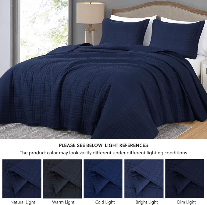Chezmoi Collection Kingston Queen Size Bedspread Set, 3-Piece Navy Oversized - Image 5