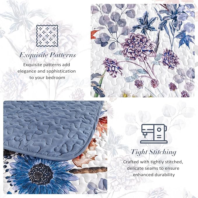 Yiran Blue Floral Quilts Queen Size, Sunflower Botanical Bedding Set | Spring - Image 7