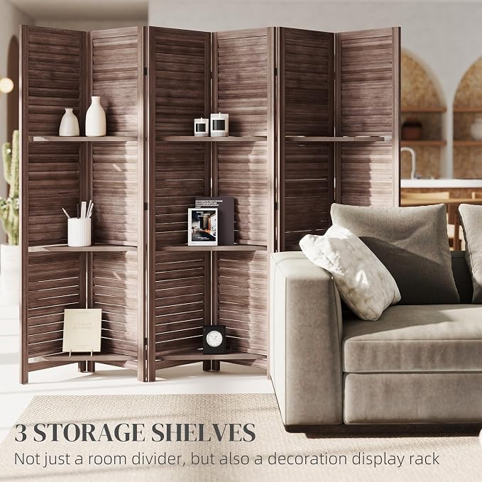 HOMCOM Room Divider 6 Panel 67" Tall Wood Privacy Screen Walnut | 3 Display - Image 3