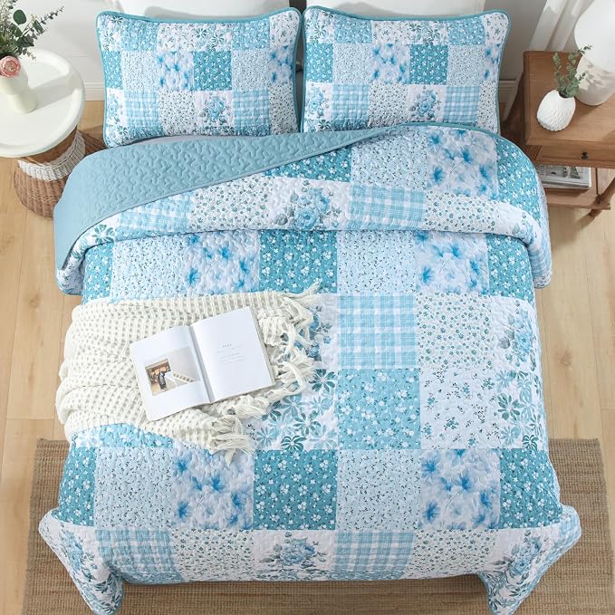 Mybedsoul Blue Patchwork King Size Quilt, Soft Boho Floral King Bedspreads - Image 5
