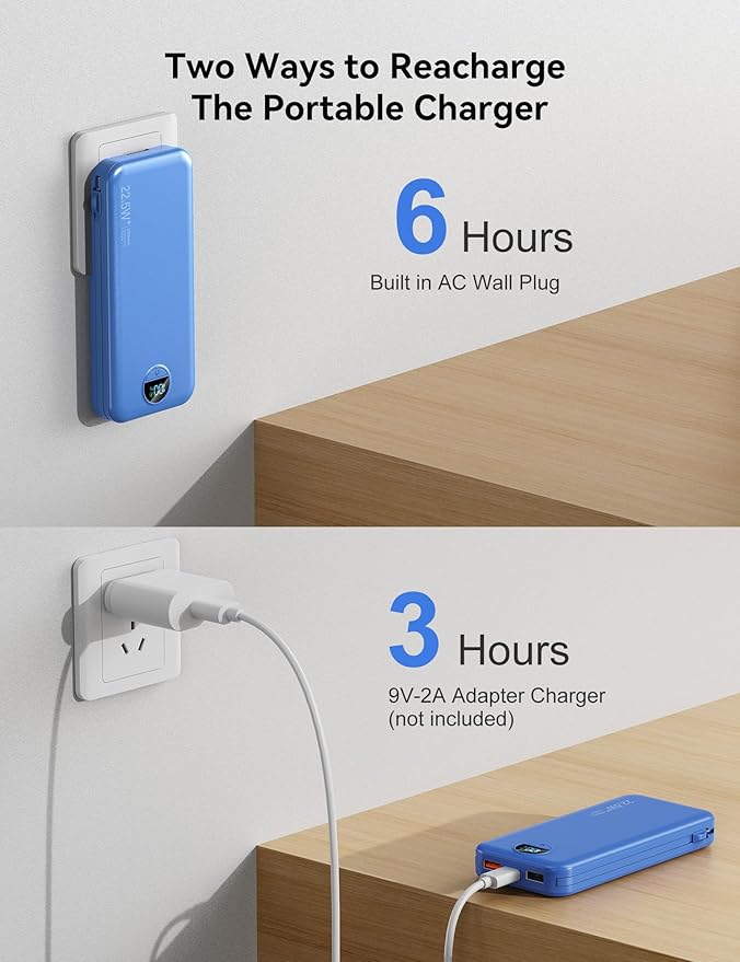 Ultra-Portable-Charger-Power-Bank with Built in Cables&AC Wall Plug,12000mAh PD20W USB-C Fast Charging Cell Phone Charger Battery Pack,LED Display Travel Battery Bank for All iPhone,Samsung,Android