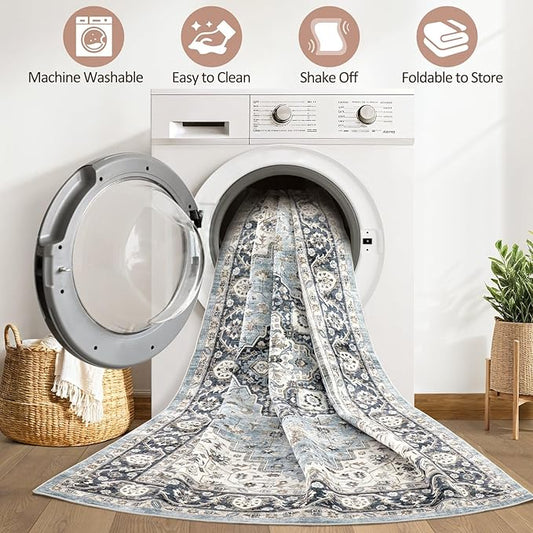 10x14 Area Rugs Living Room: Washable Boho Large Neutral Vintage Soft Rug Stain Resistant Farmhouse Non Slip Indoor Floor Carpet for Bedroom Nursery Kids Playroom Office Dining Room- Blue Tan