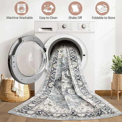 10x12 Area Rug Living Room: Washable Boho Large Neutral Vintage Soft Rugs Stain Resistant Farmhouse Non-Slip Indoor Floor Carpet for Bedroom Nursery Kids Playroom Office Dining Room- Tan Blue