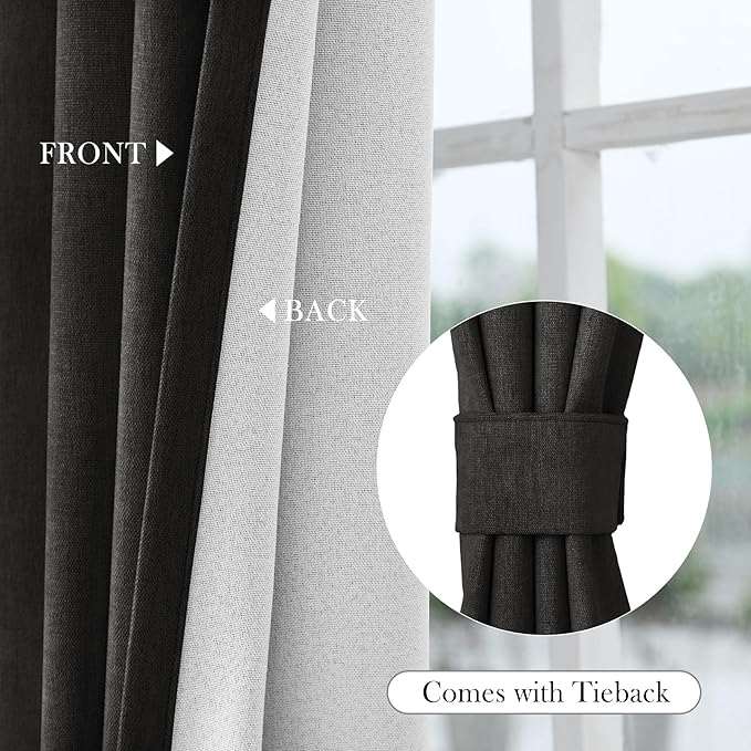 Macochico 100% Blackout Curtains Thermal Insulated Noise Reducing Chenille Curtain for Hotel Auditorium Bedroom Living Room Grommet Charcoal Grey Drapes with Tieback Classic 52" Wx84 L 1 Panel
