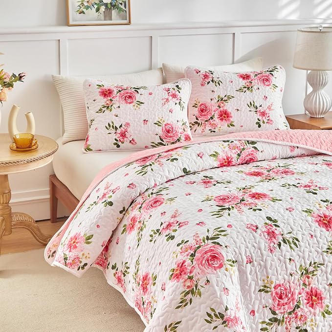 UOZZI BEDDING Pink White Floral Quilt Set 3 Pieces Queen Size Pink Flower Soft - Image 5