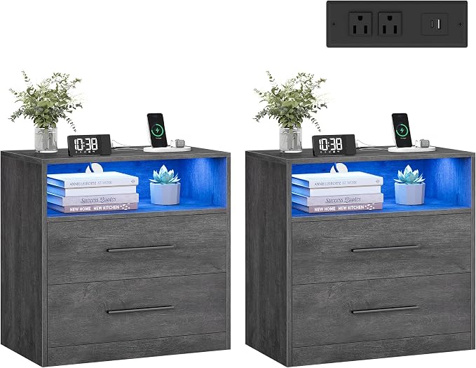 VASAGLE 23.6‑Inch Wide Nightstands, LED Lights, 2 Drawers | Modern Side End by Unknown
