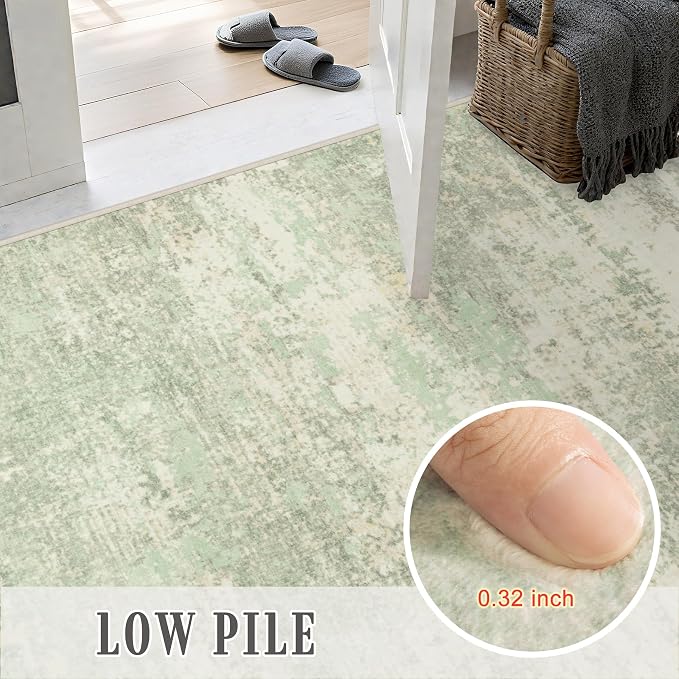 3x8 Washable Runner Rug：Modern Abstract Soft Carpet Green Cream | - Image 7