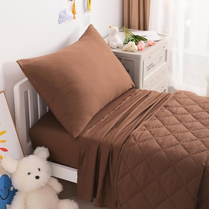 NTBAY Toddler Bedding Set - 4 Piece Soft and Breathable Crib Bedding Set for Boys and Girls, Includes Quilted Comforter, Fitted Sheet, Flat Top Sheet and Envelope Pillowcase, Brown